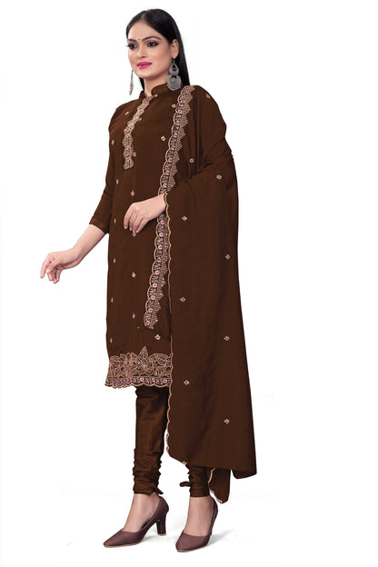 Brown Silk Embroidered with Sequins work Unstitched Dress Material - Tanvi - Distacart