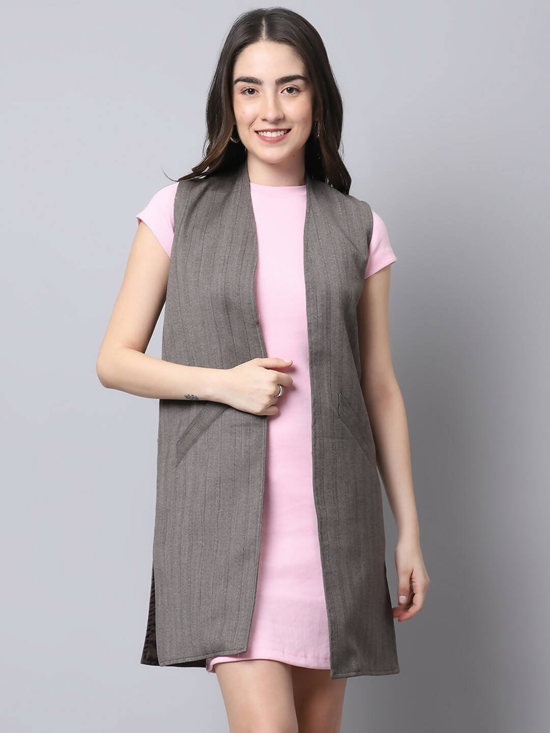 Even Apparels Brown Polywool Open Front Women's Long Coat BF656 - Distacart