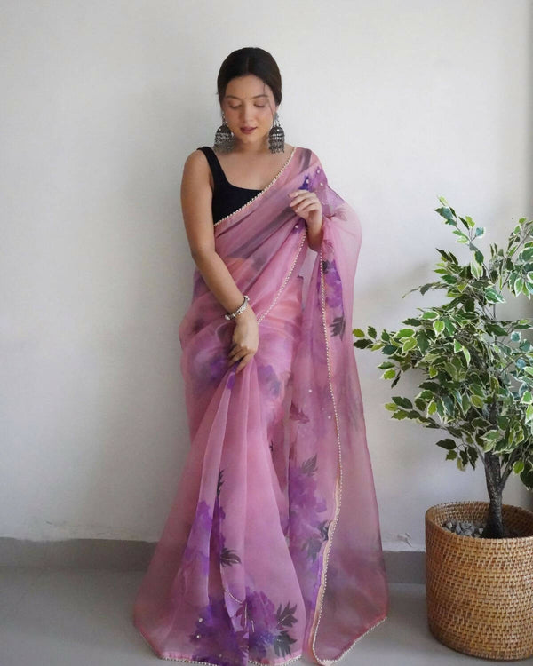 Vamsee Pink Organza Saree - Distacart