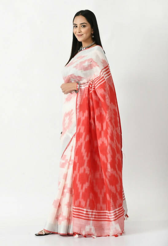 Mominos Fashion Moeza White & Red Bhagalpuri Handloom Ikat Pure Cotton Saree with unstitched Blouse piece - Distacart