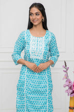 Thumbnail for Myshka Blue Women Solid Cotton Straight Round Neck Kurtas - Distacart