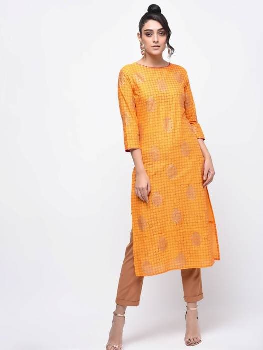 Aniyah Cotton Block Printed Yellow Straight Kurta (AN-137K)