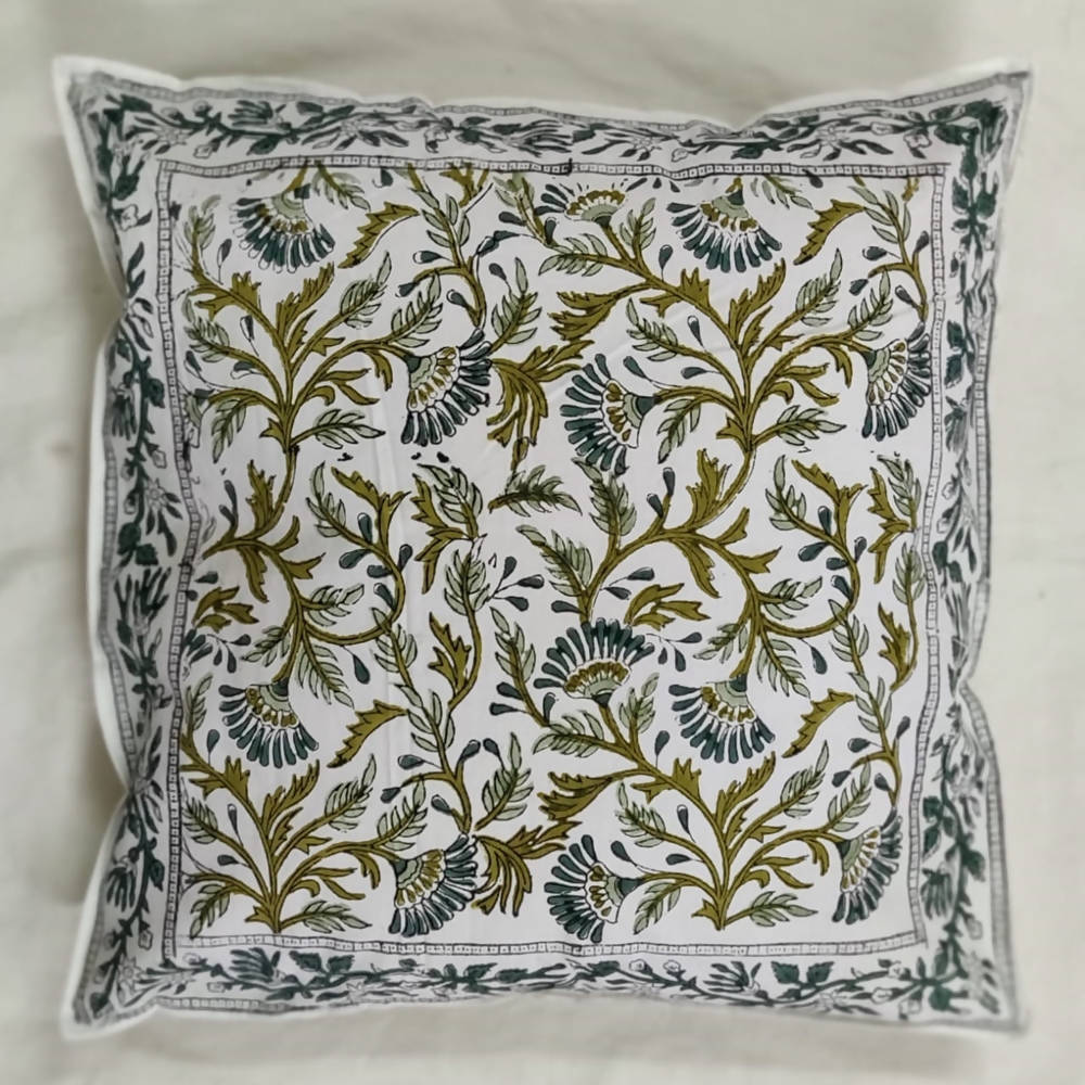 The Decor Nook Green / Teal Leaf Print With Teal Border Cushion Cover - Distacart
