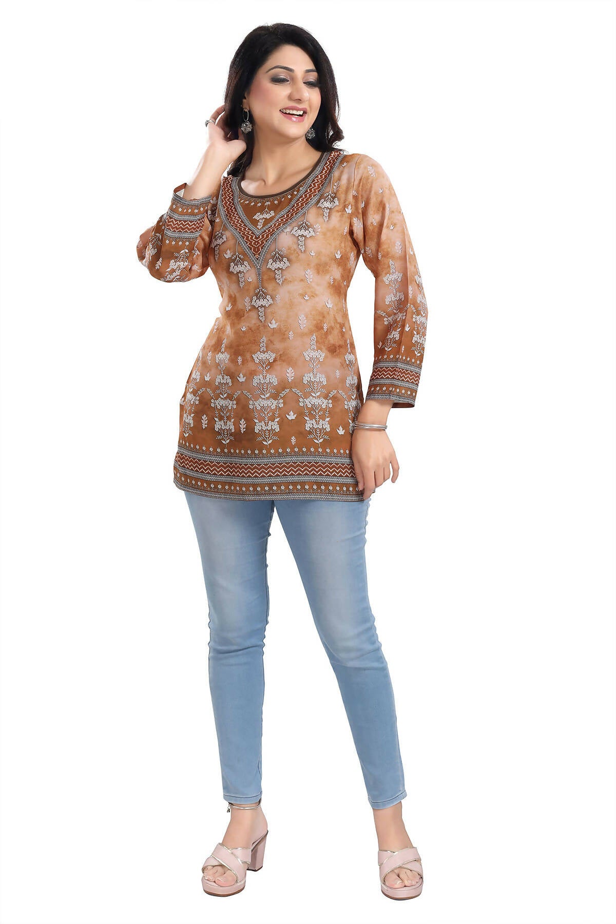 Snehal Creations Rustic Brown Faux Crepe Printed Short Kurti Tunic Top - Distacart