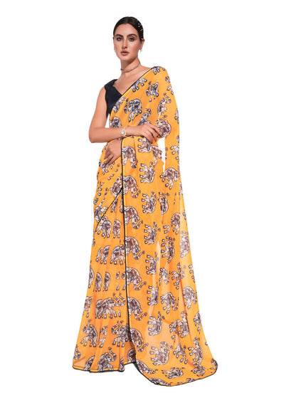 Yellow Georgette Animal Printed Saree With Unstitched Blouse Piece - Rajal - Distacart