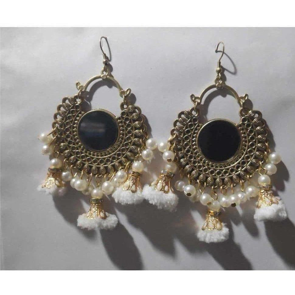 Half Moon Oxidized Earrings With White Pearls And Hanging White Color Pearl Jhumka