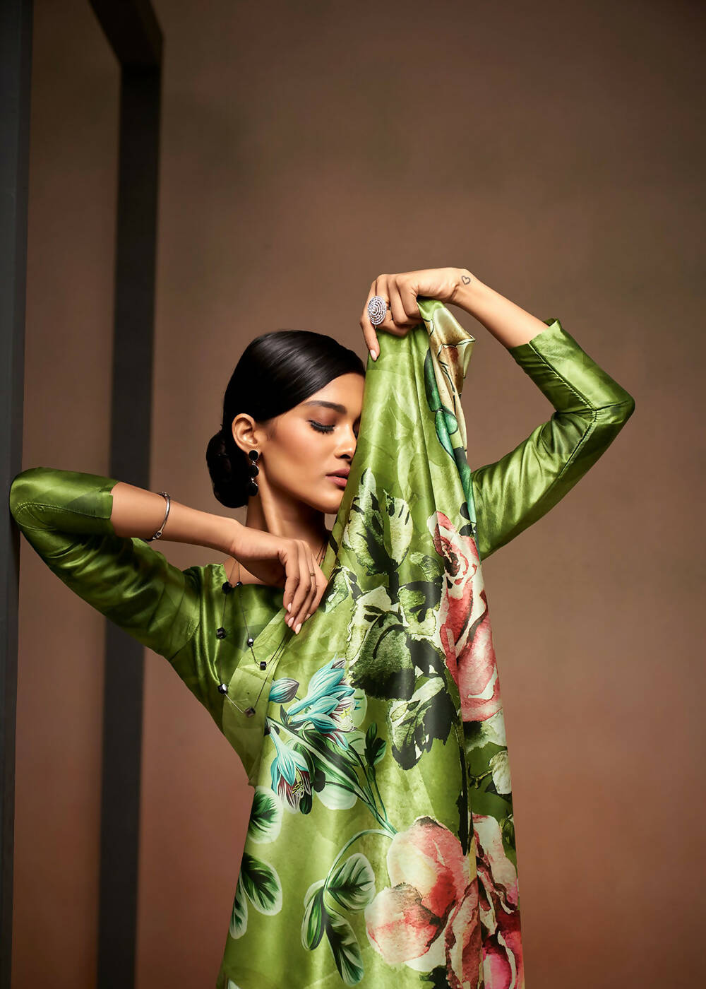 Green Satin Digital Printed Saree with Unstitched Blouse Piece - Jodha - Distacart