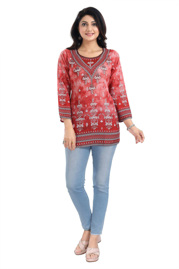 Snehal Creations Rustic Rust Faux Crepe Printed Short Kurti Tunic Top - Distacart