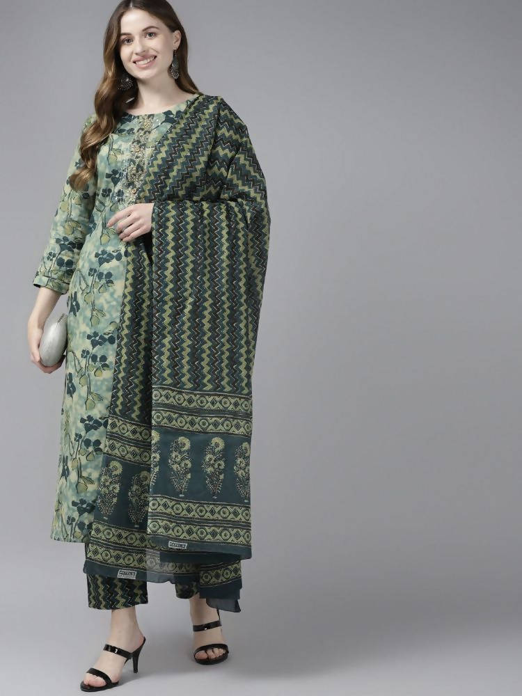Yufta Women Teal and Beige Floral Dyed Pure Cotton Kurta with Palazzo and Dupatta