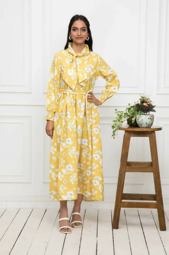 Myshka Women Yellow-Floral Rayon A-Line Shirt Collar Dress - Distacart