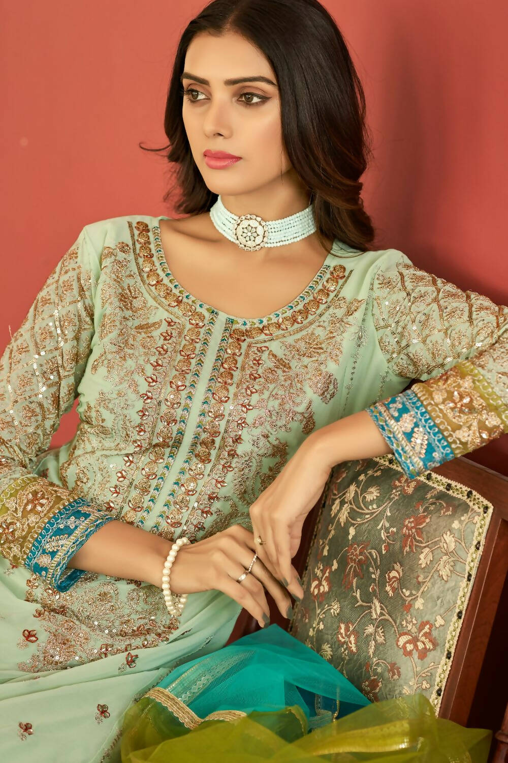 Sea Green Heavy Faux Georgette Embroidered Semi Stitched Suit - Dhvani - Distacart