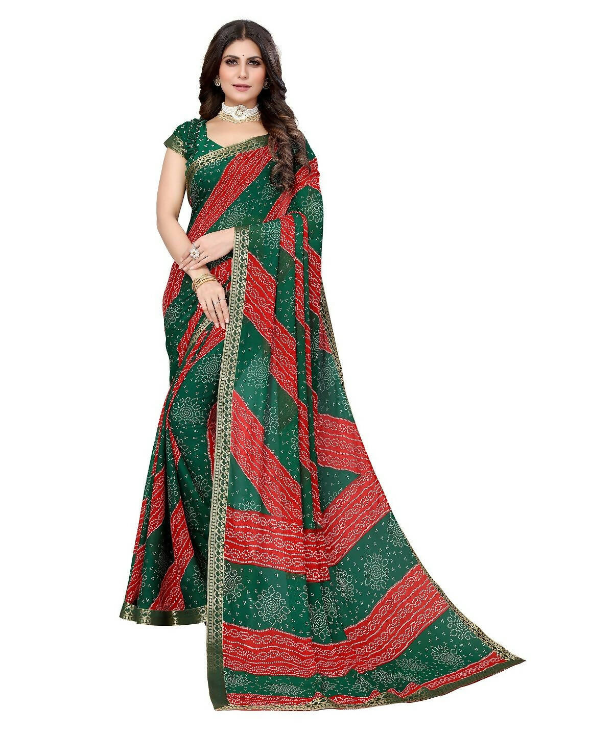 Vamika Green Georgette Printed With Lace Saree (MANYA GREEN RED) - Distacart
