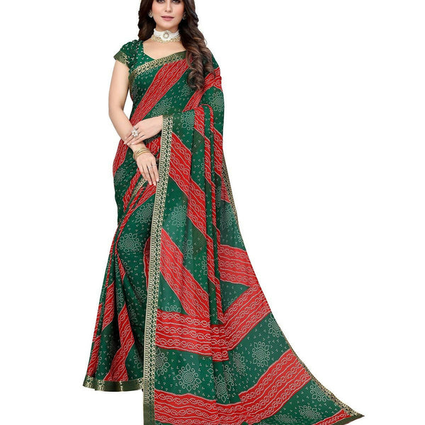 Vamika Green Georgette Printed With Lace Saree (MANYA GREEN RED) - Distacart