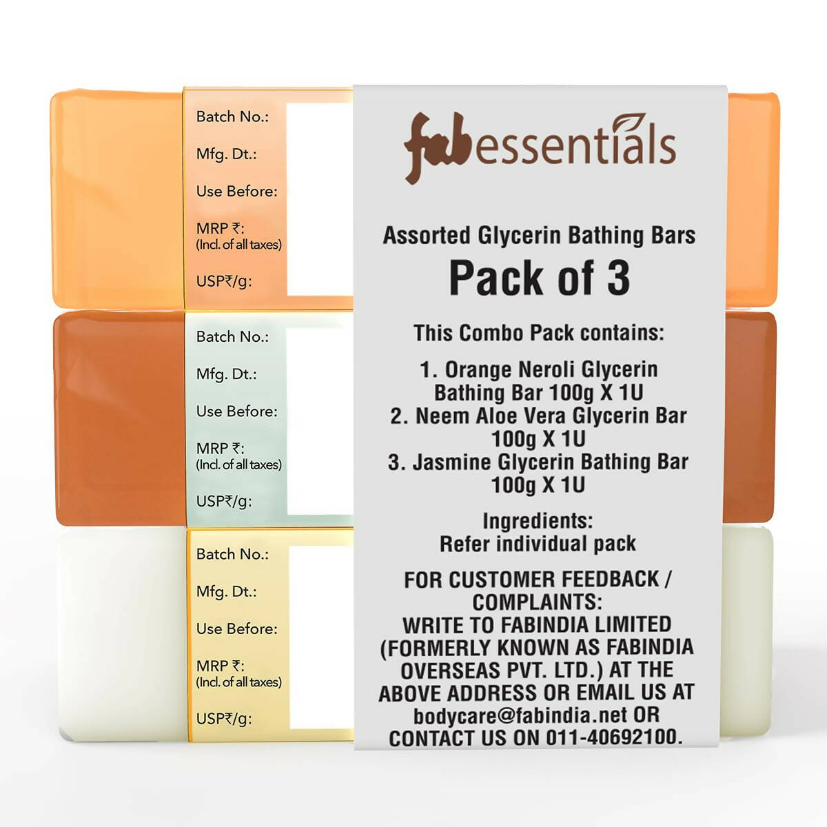 Fabessentials Assorted Glycerin Bathing Bars Combo - Orange Neroli, Neem Aloe Vera & Jasmine - Distacart