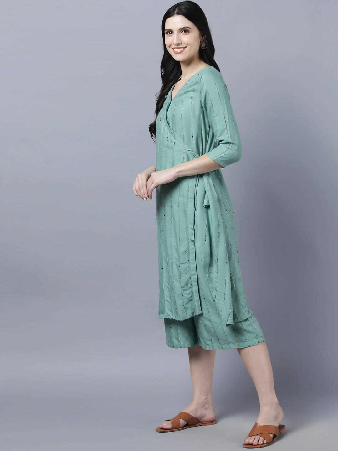 Myshka Women's Stylish Green Cotton 3/4 Sleeve Kurta Palazzo Set - Distacart