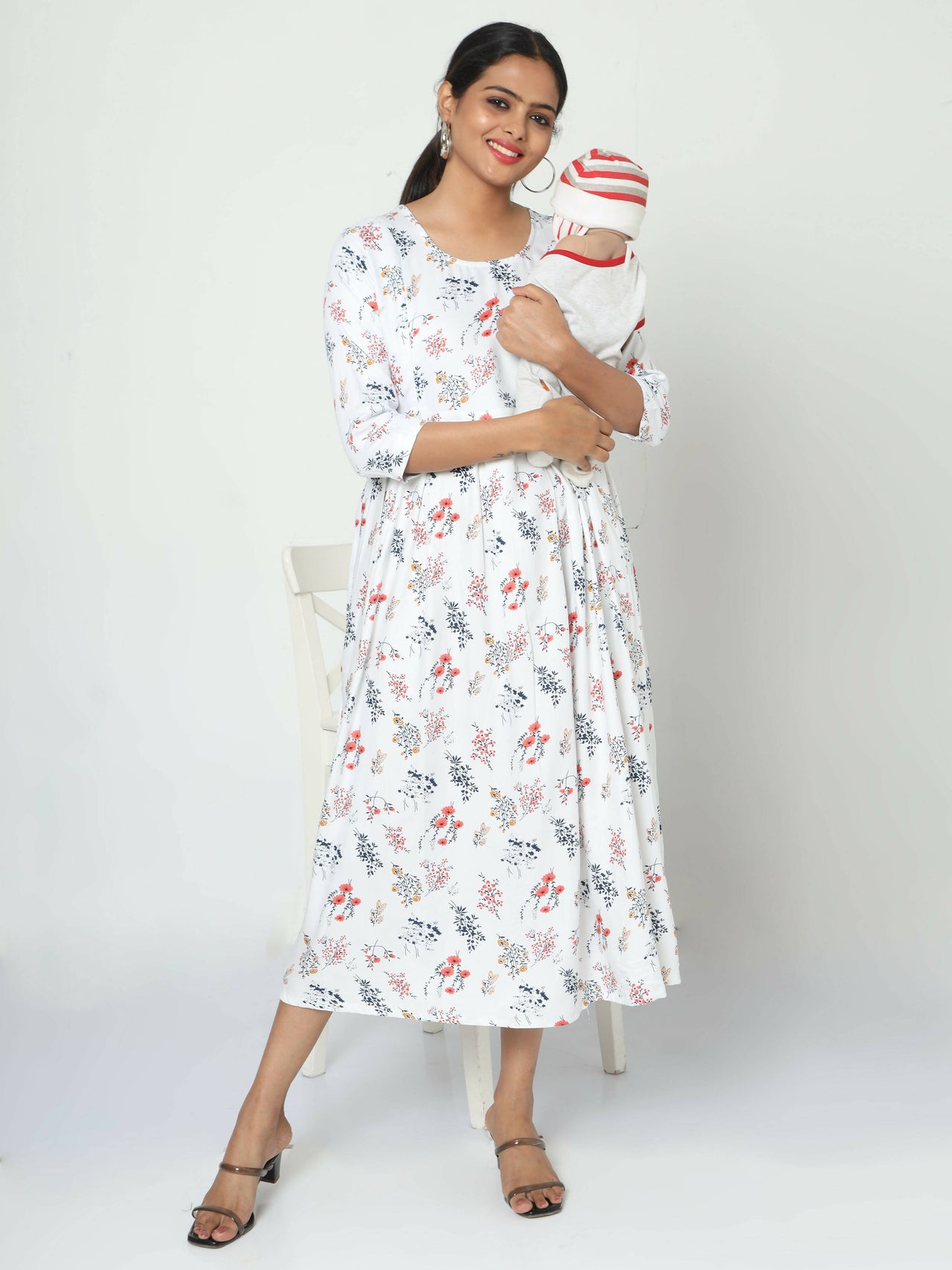 Manet Three Fourth Maternity Dress Floral Print With Concealed Zipper Nursing Access - White - Distacart