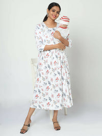 Thumbnail for Manet Three Fourth Maternity Dress Floral Print With Concealed Zipper Nursing Access - White - Distacart