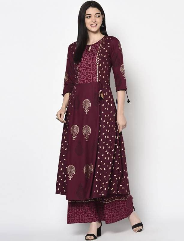 Aniyah Rayon Wine Color Block Print Anarkali Palazzo Set (AN-171K)