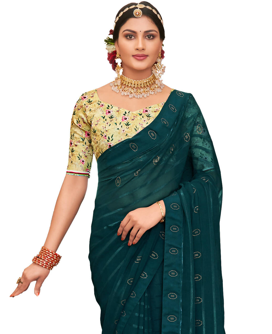 Teal Georgette Swaroski Work Saree With Unstitched Blouse Piece - Juhi - Distacart