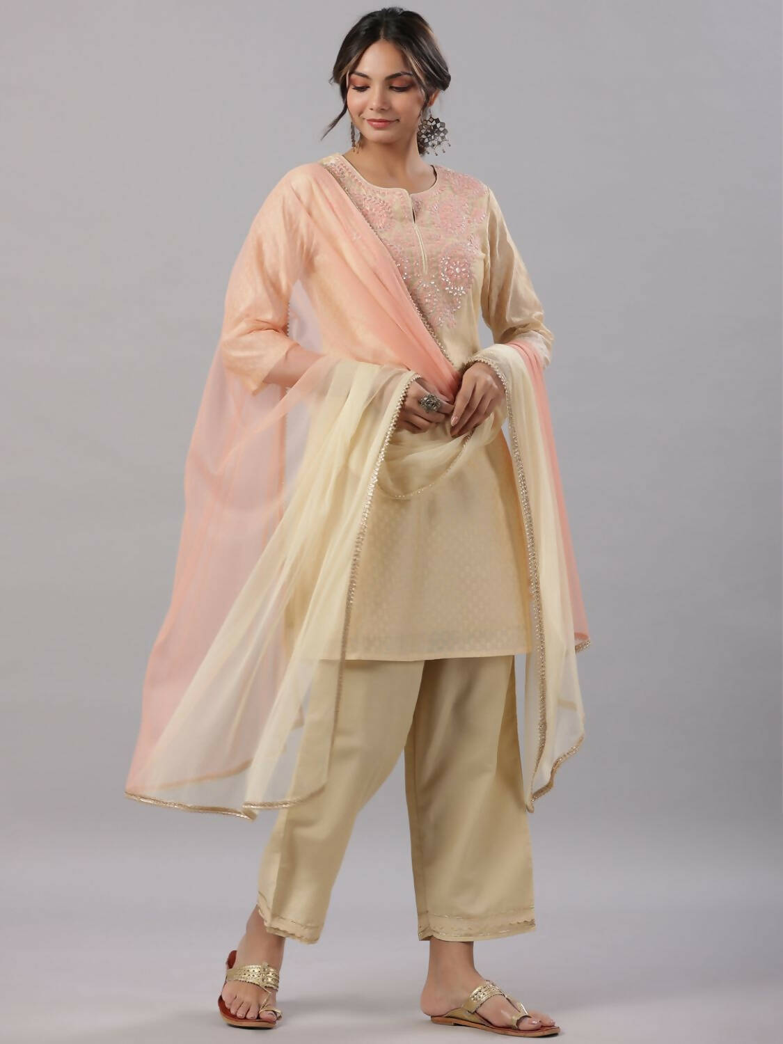 Juniper Women Gold Modal Chanderi Embroidered Kurta, Pants and Dupatta Set - Distacart