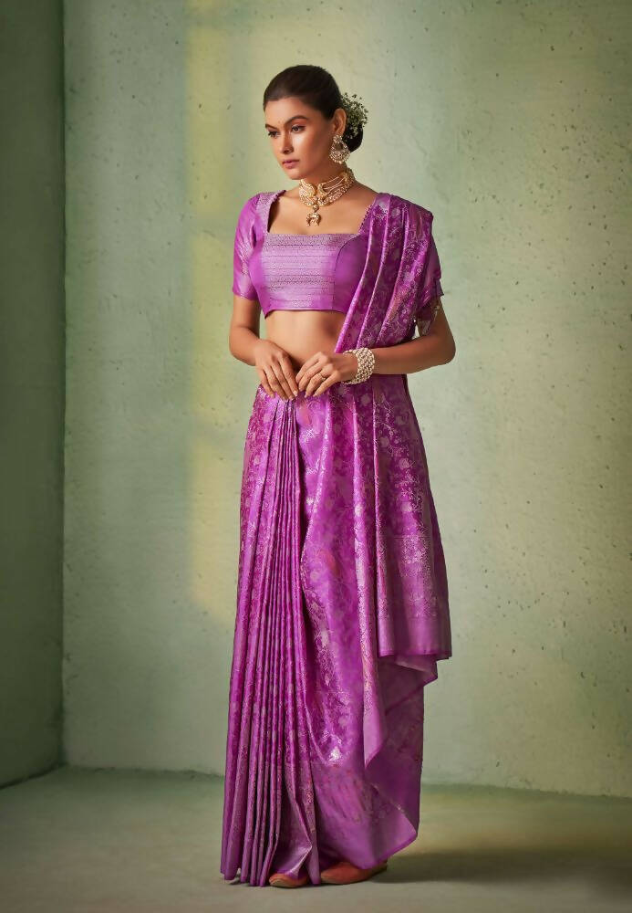 Graceful Designer Violet Color Kanjivaram Silk Saree With Weaving Work - Yomika Fashions - Distacart