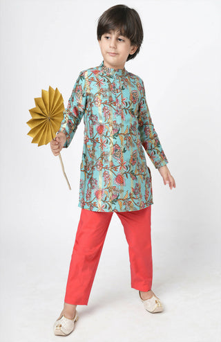 Lil Drama Golden Weaves Blue Kurta With Pant Set - Distacart