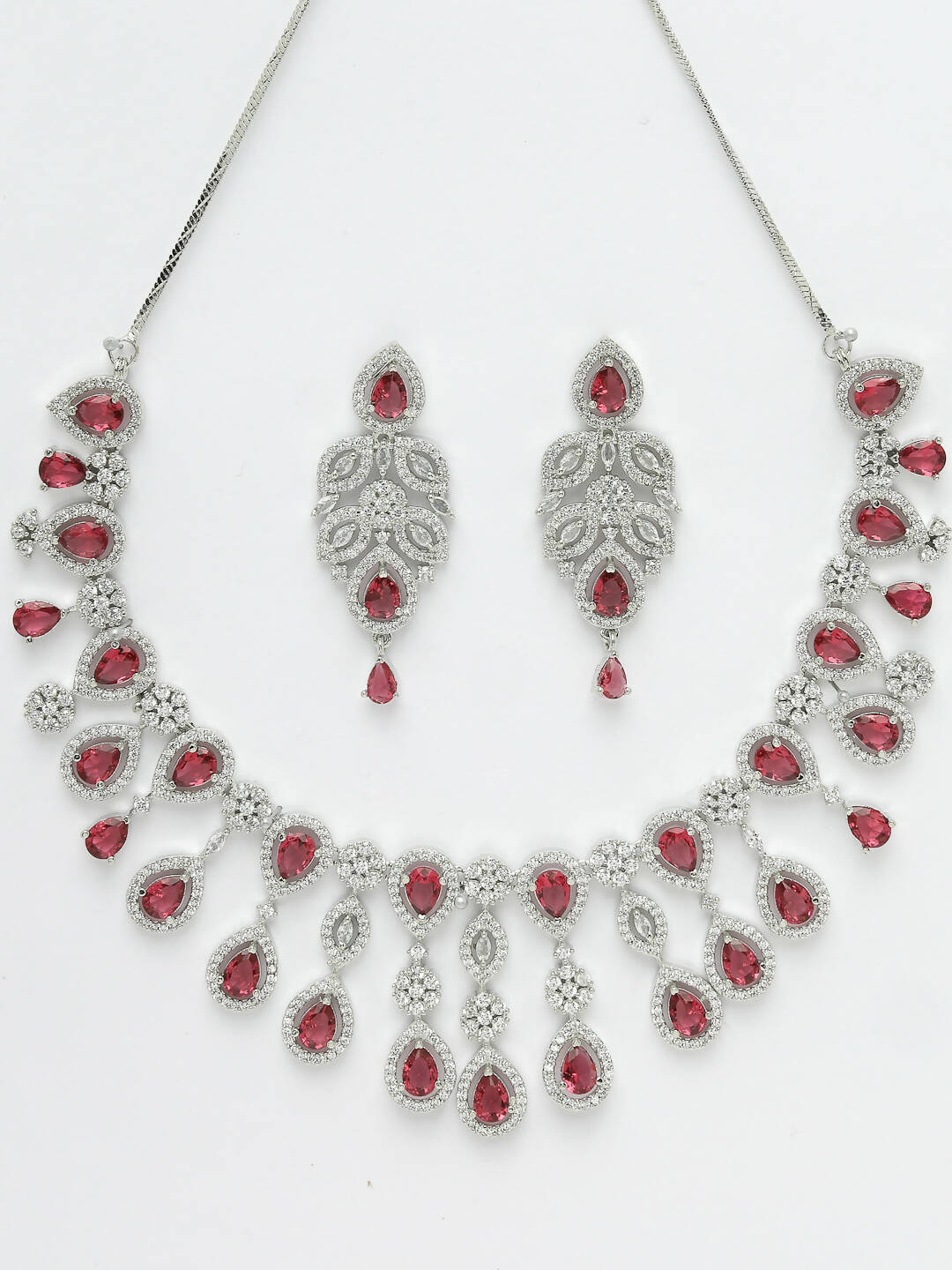 NVR Women Silver Plated & Maroon Cz Stone Handcrafted Jewellery Set - Distacart