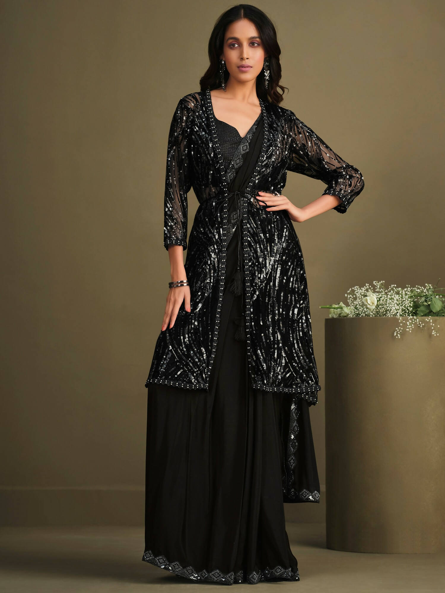 Black Crepe Silk Sequence Embroidered & Stone Work With Sequence Work Jacket Saree With Stitched Blouse - Mohmanthan La Belle - Distacart