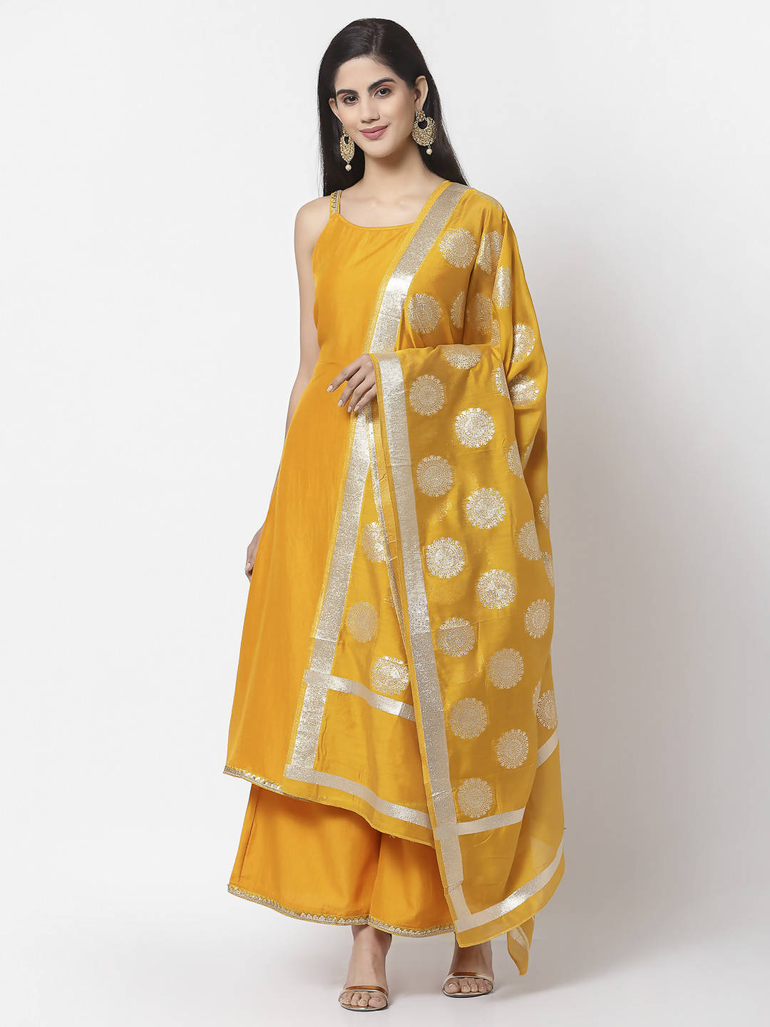 Myshka Women Yellow Silk Blend Solid Sleeveless Round Neck Neck Kurta Palazzo Dupatta Set