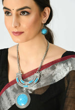 Thumbnail for Mominos Fashion Johar Kamal Oxidised Silver-Plated Stone Work Long Necklace Handicraft Sky Blue - Distacart