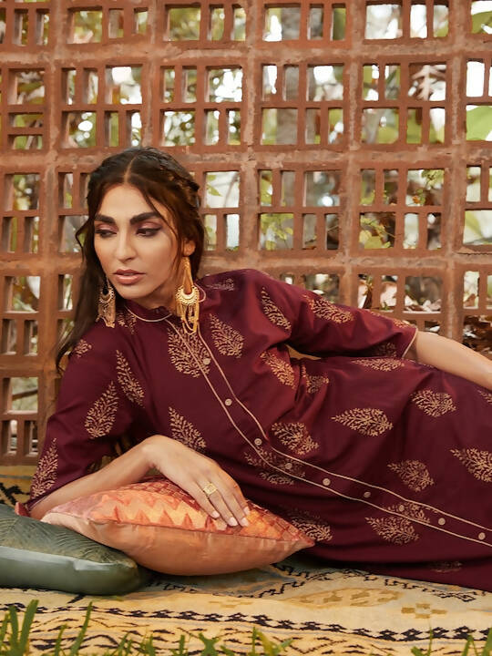 Women Maroon & Golden Pure Cotton Printed Kurta with Palazzos - Vishwa - Distacart