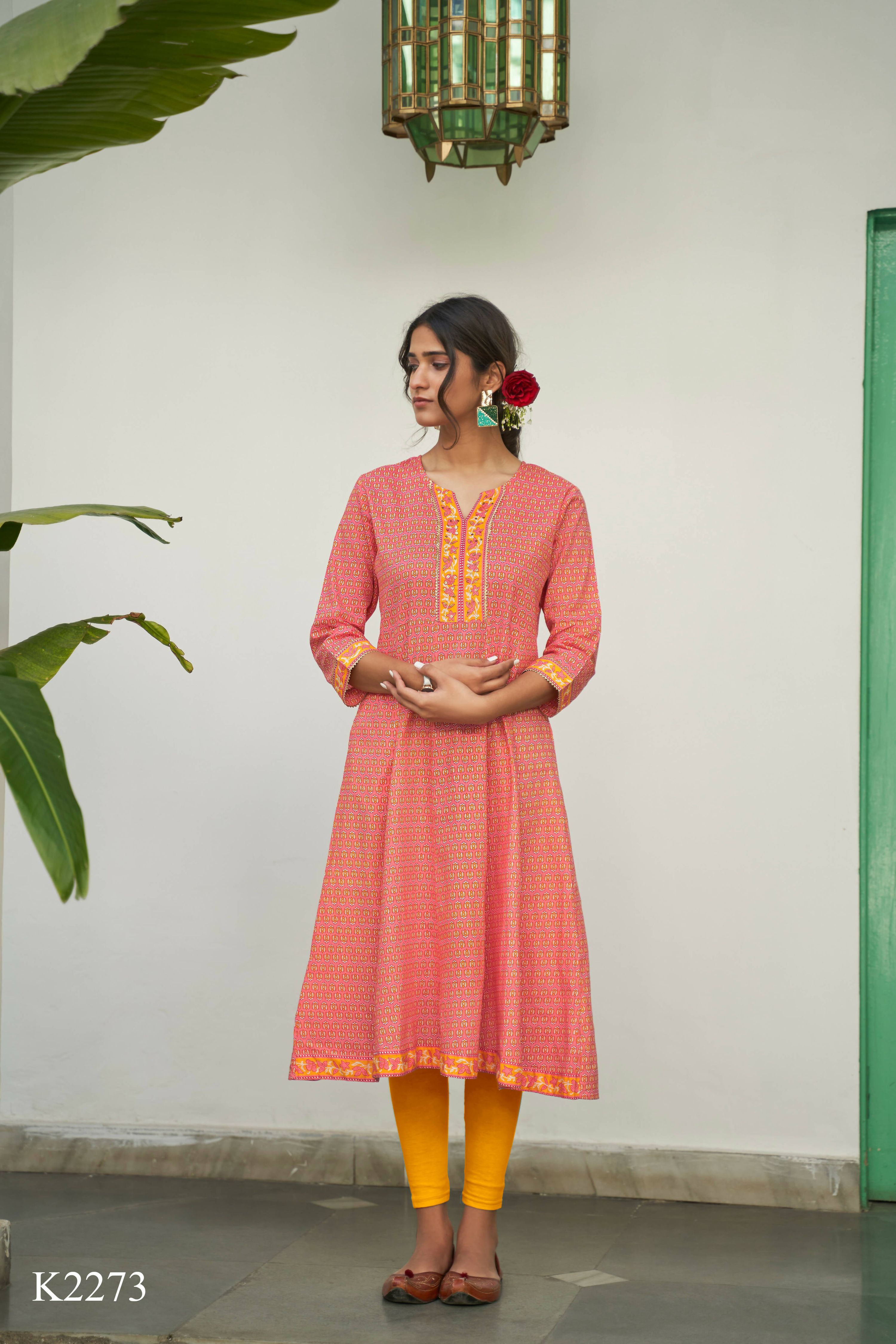 Peach Cotton Floral Printed A line Kurta - Prasuti - Distacart