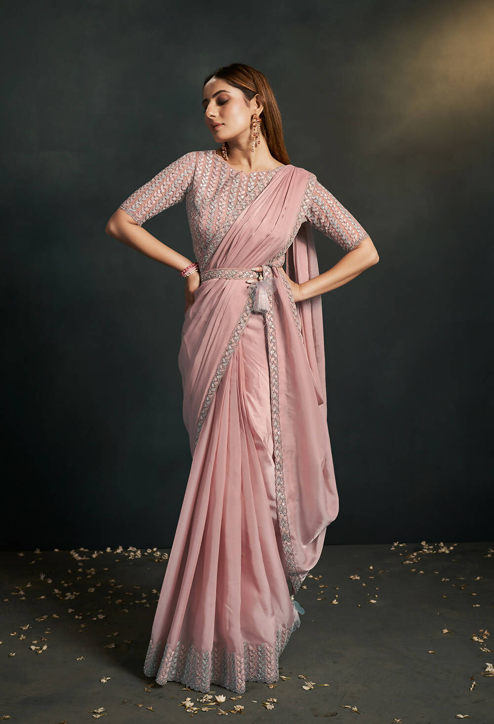 Coral Organza Silk Crepe Cord Sequence & Thread Embroidered & Stone Work Saree - Moh-Manthan Royal Enigma - Distacart