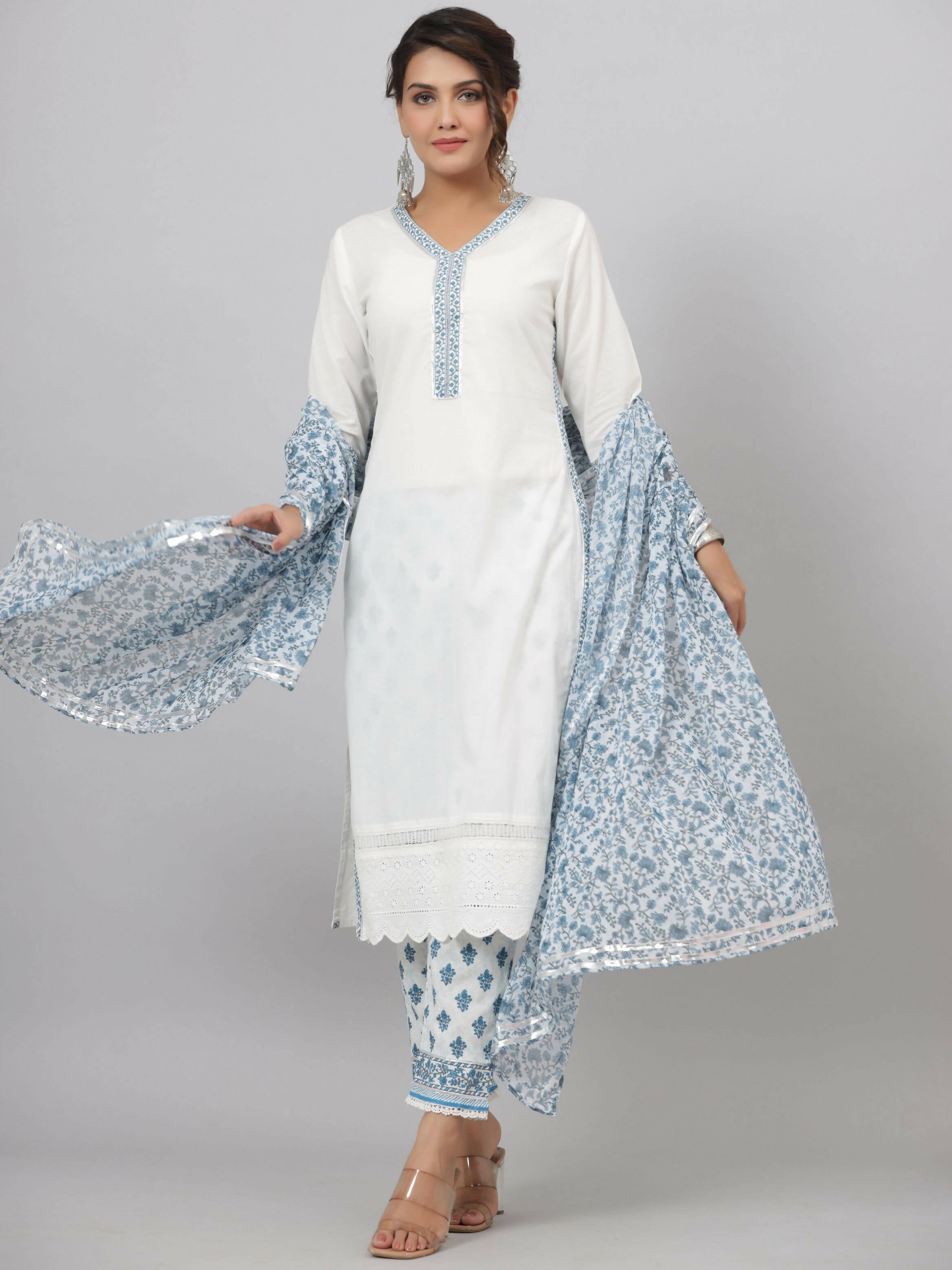 Juniper Women's White Cotton Cambric Solid Kurta Floral Printed Pant & Dupatta Set - Distacart