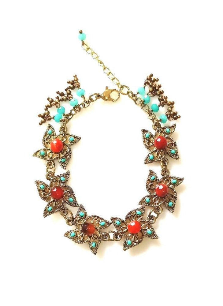 Bling Accessories Antique Brass Semi Precious Natural Stone Coral &amp; Turquoise Charm Bracelet
