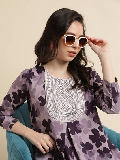 Purple Poly Crepe Digital Printed Top with Matching Bottom - Preeti - Distacart