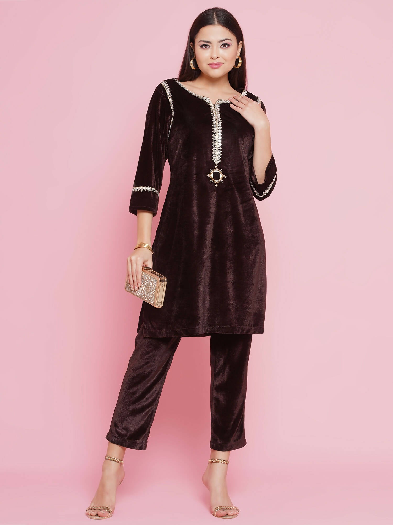 Women Republic Brown Velvet Embellished Co-Ord Set - Distacart