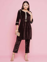Thumbnail for Women Republic Brown Velvet Embellished Co-Ord Set - Distacart