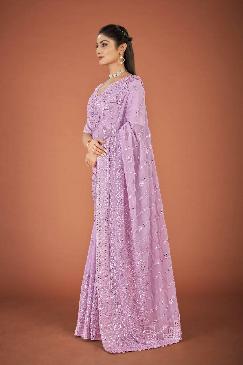 Vastrasky Lavender Georgette Designer Saree - Distacart