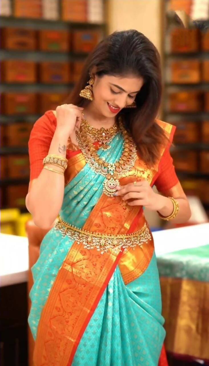 DEIANA'S Beautiful Golden Jari with New Design Soft Lichi Silk Saree - Sky - Distacart
