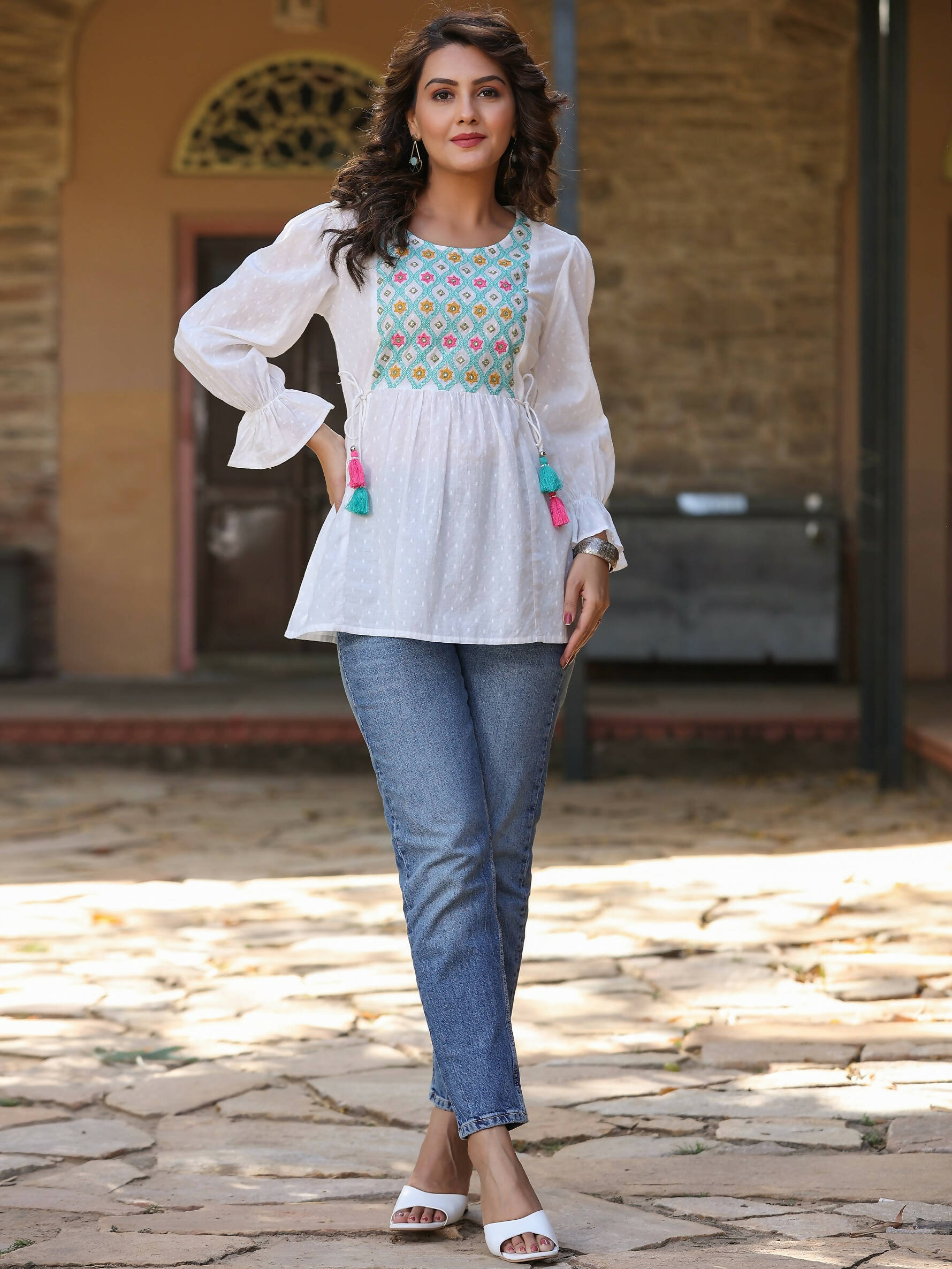 Juniper Women's White Cotton Dobby Solid With Multi Color Embroidered Tunic - Distacart