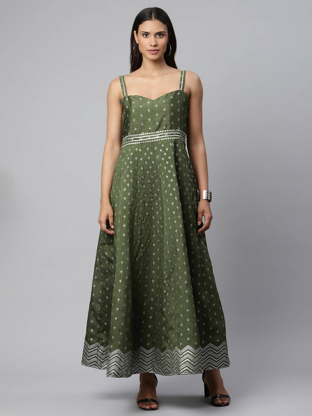 Ahalyaa Women Olive Poly Silk Silver Foil Printed Dress - Distacart