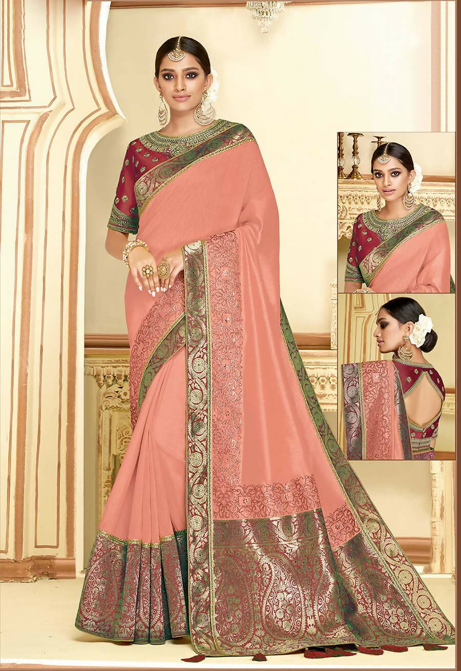 Dusty Peach Satin Silk Zari Embroidery, Laser Cut Borders, Tassels Saree - Norita Alankrita - Distacart