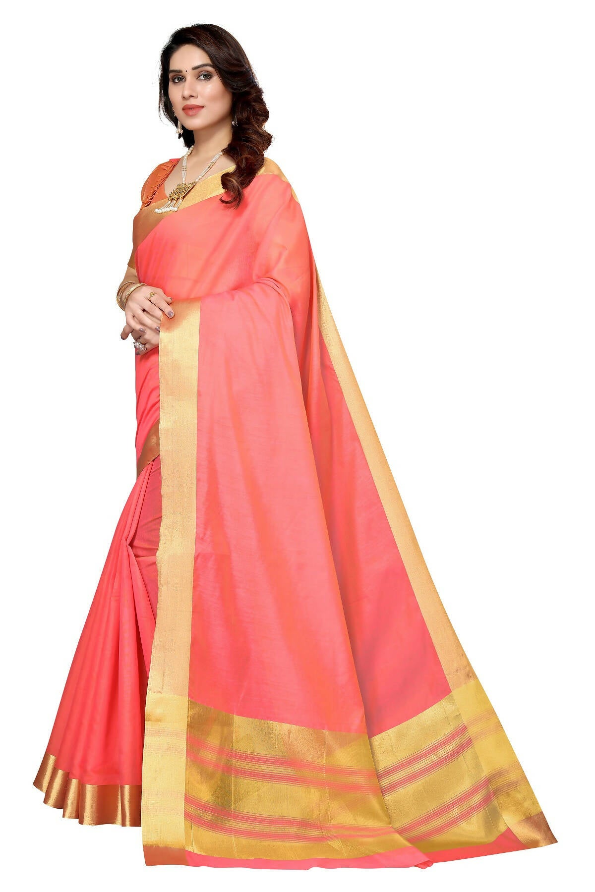 Vamika Peach Cotton Polyester Silk Weaving Saree - Distacart