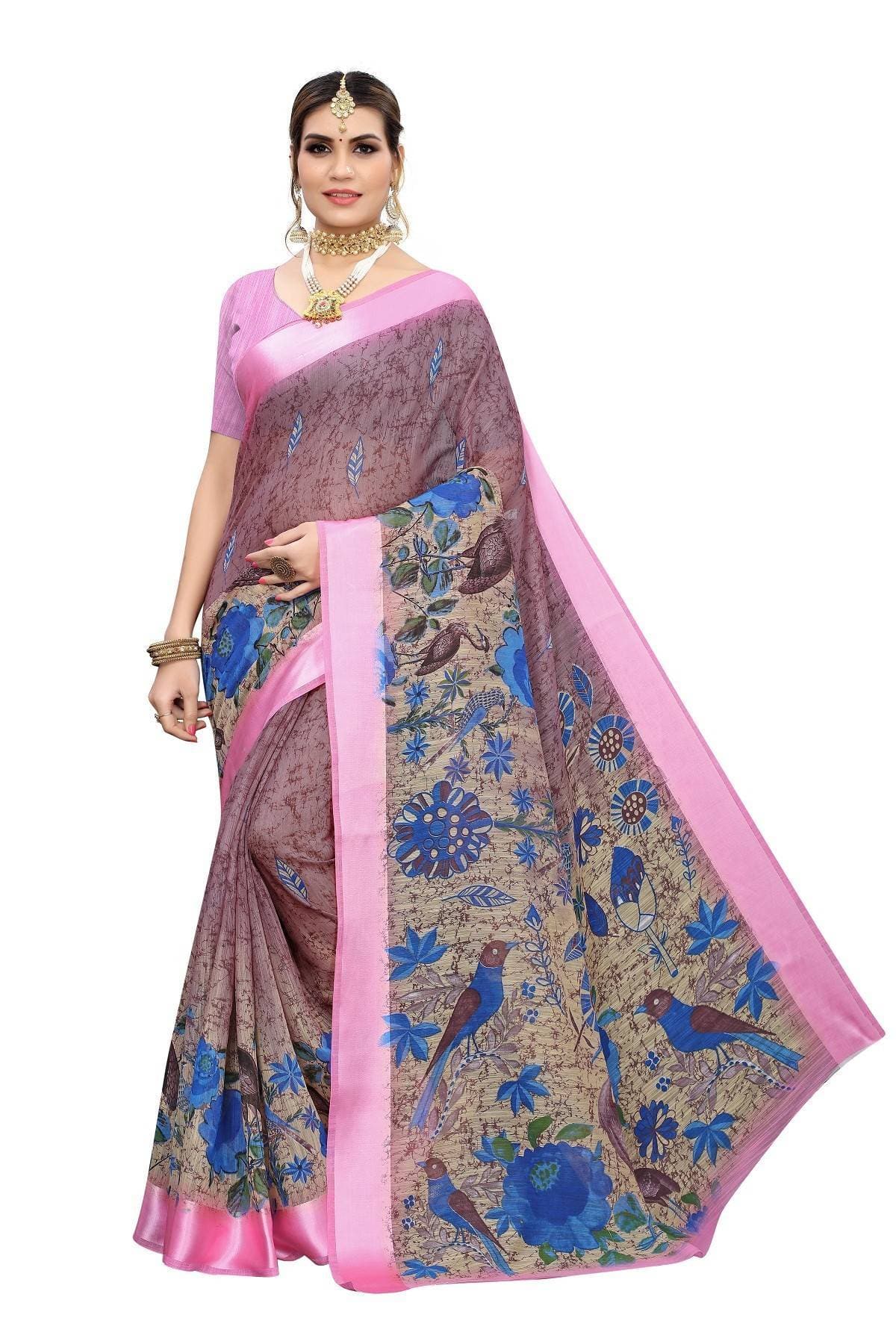 Vamika Pink Linen Digital Print with Satin Border Floral Saree