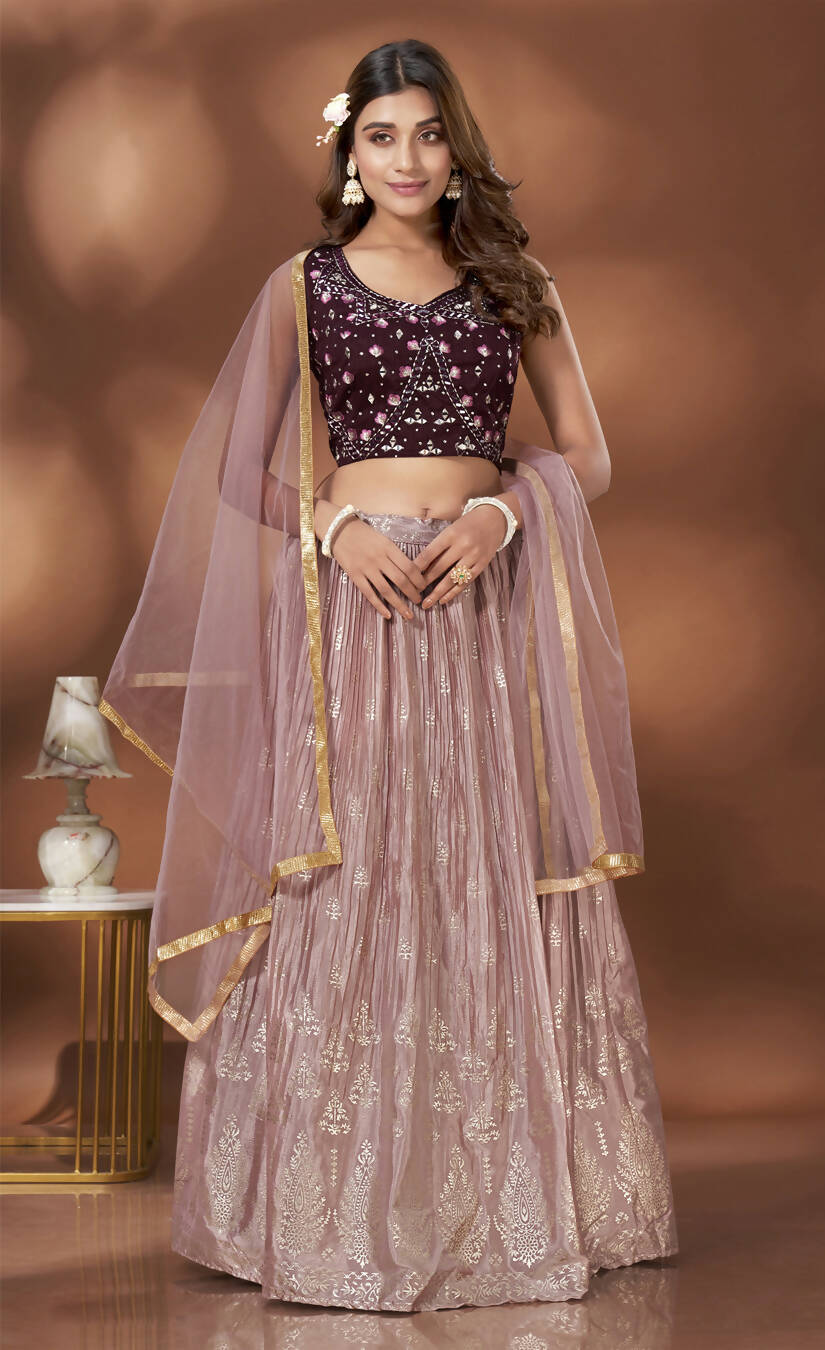 Mauve Chinnon Crush Foil Printed Lehenga Choli with Dupatta - Aakriti - Distacart