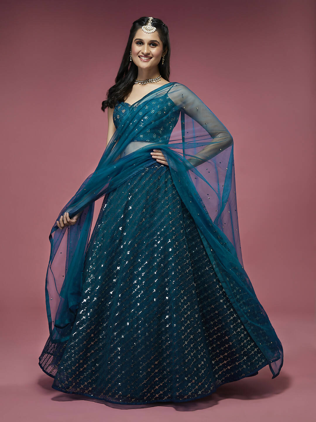 House of Panchhi Teal Net Sequinse Embroidered Lehenga & Blouse with Dupatta - Distacart