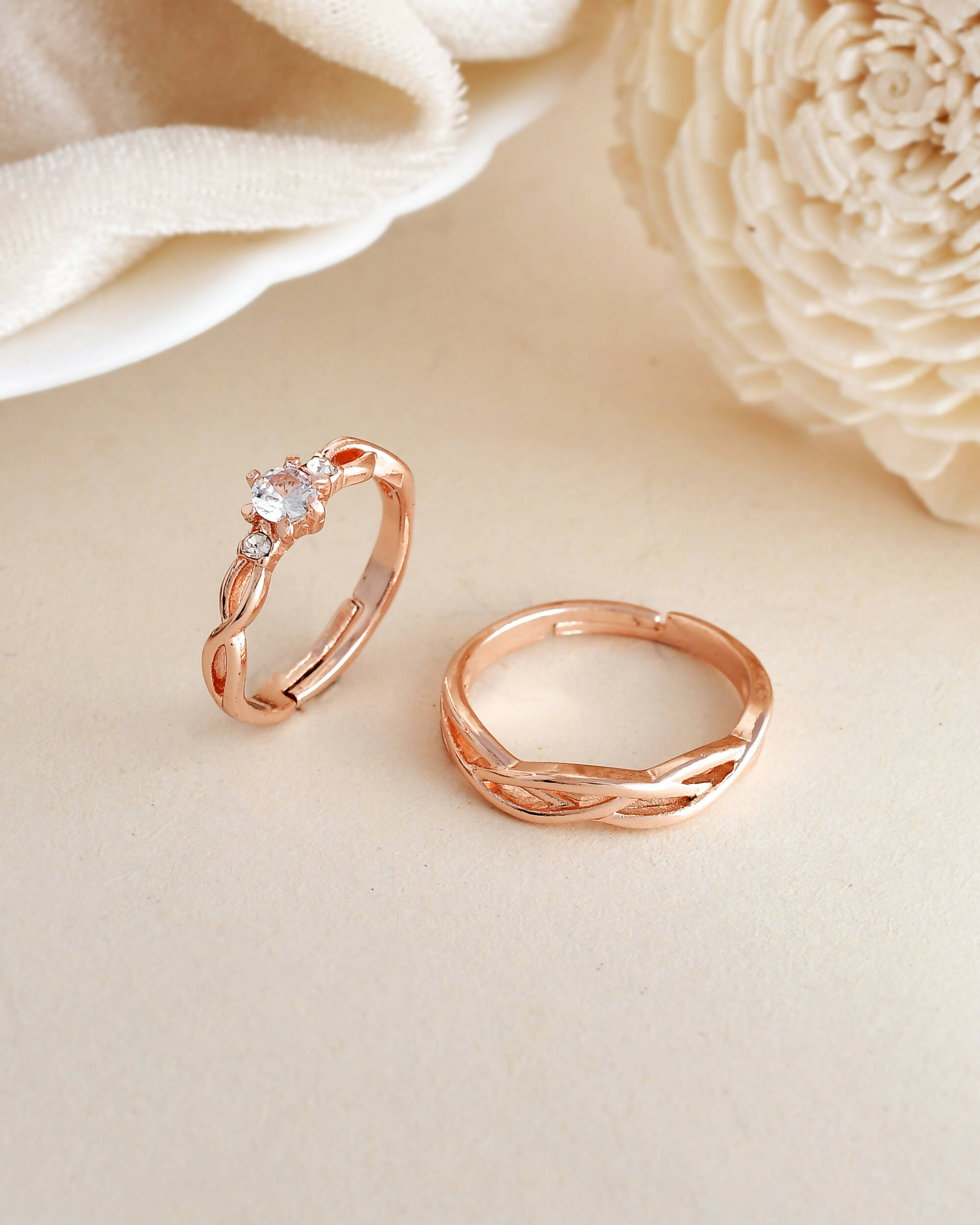 VOJ Stainless Steel Cubic Zirconia Rose Gold Plated Adjustable Ring Set for Couple - Distacart