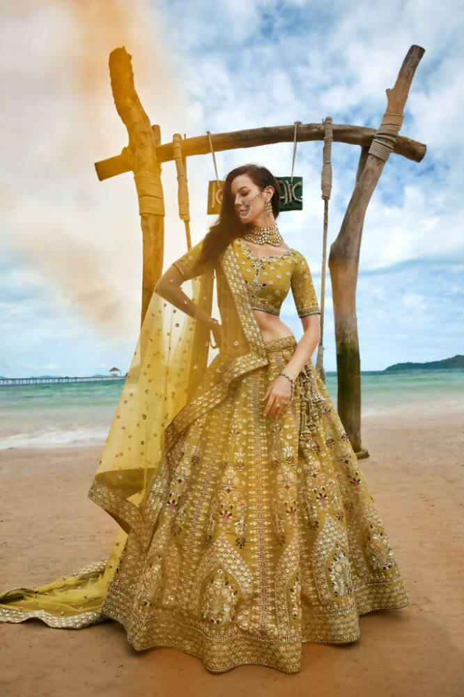 House of Panchhi Mustard Bridel Net Sequins, Moti, Mirror And Thread Embroidery Lehenga Choli & Dupatta - Distacart