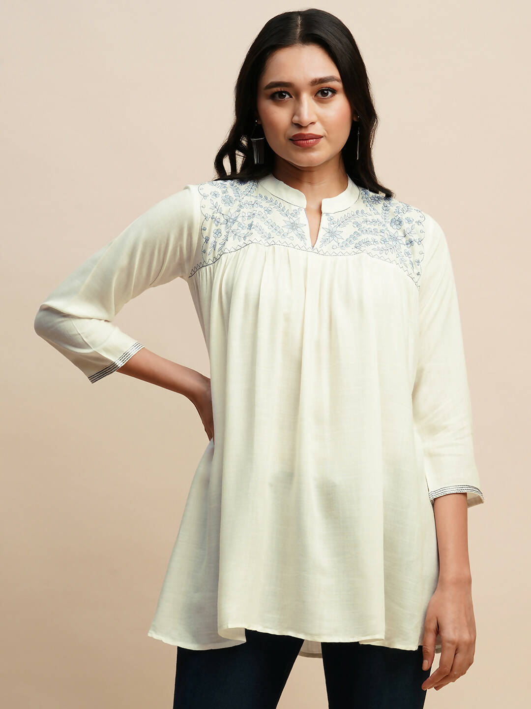 White Rayon Embroidered Top - Tarini - Distacart